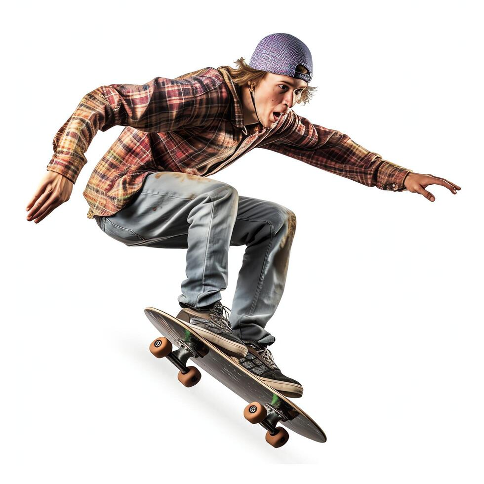A caucasian man doing tricks or jumping on a skateboard at the street. Young man with skater jumping concept by photo