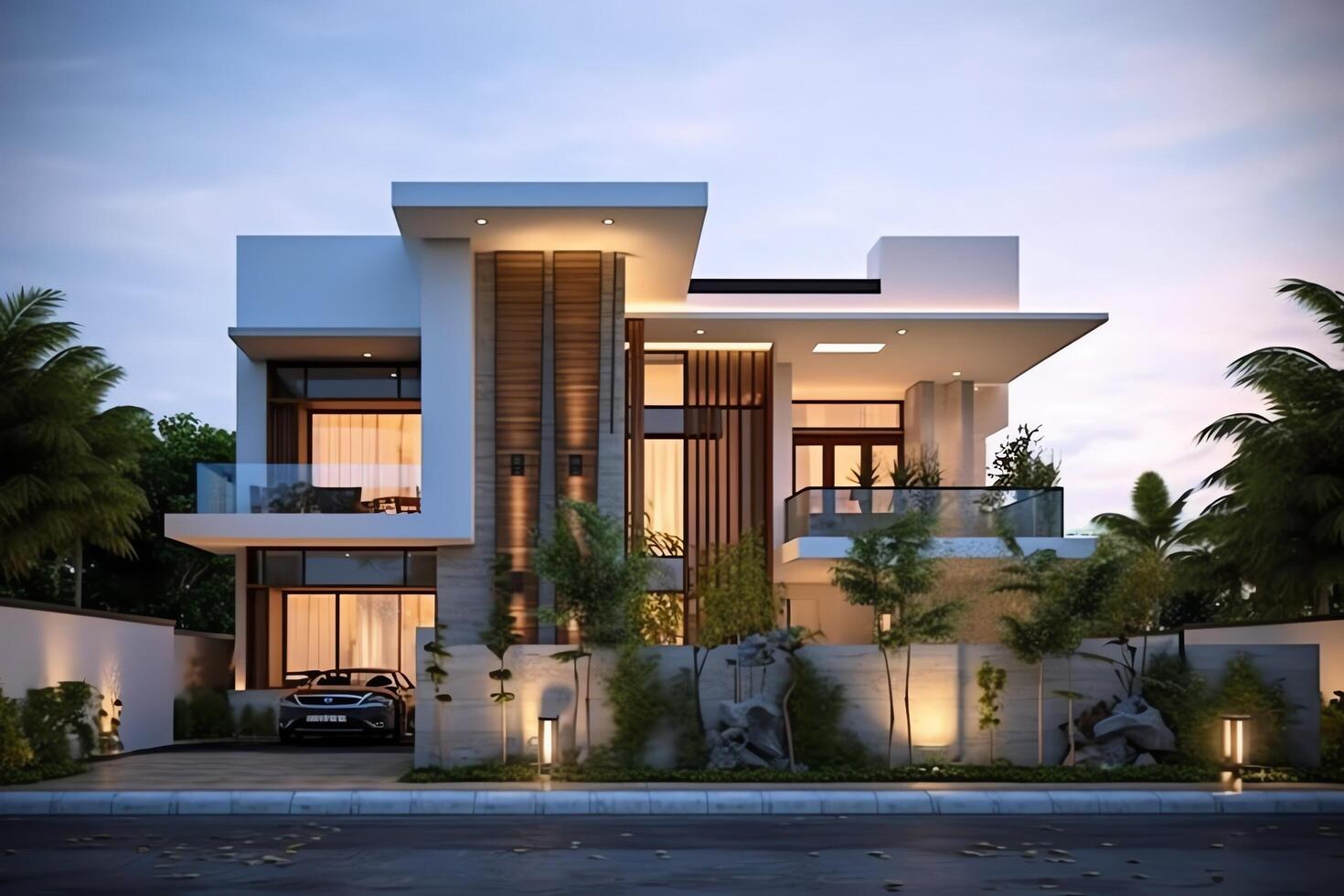 Beautiful modern house exterior with carport. Modern residential district and minimalist building concept by photo