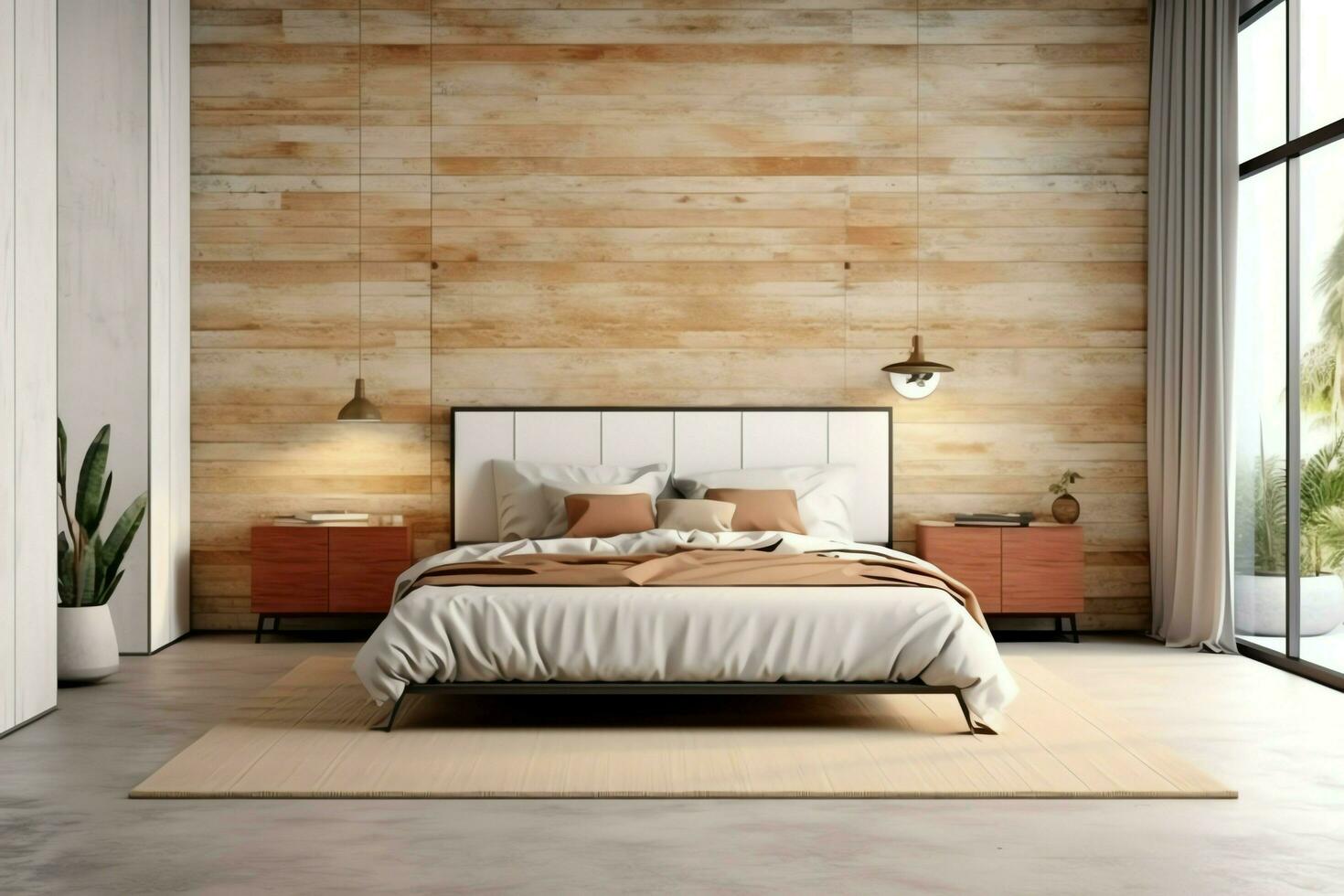 moderno dormitorio interior diseño en Departamento o casa con mueble. lujo dormitorio escandinavo concepto por ai generado foto