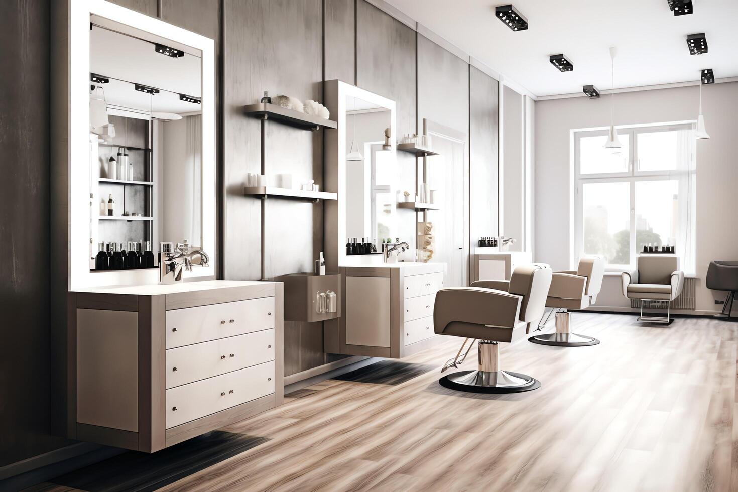 Modern barbershop interior with mirrors chair and other equipment near windows. Chairs in barbershop concept by AI Generated photo