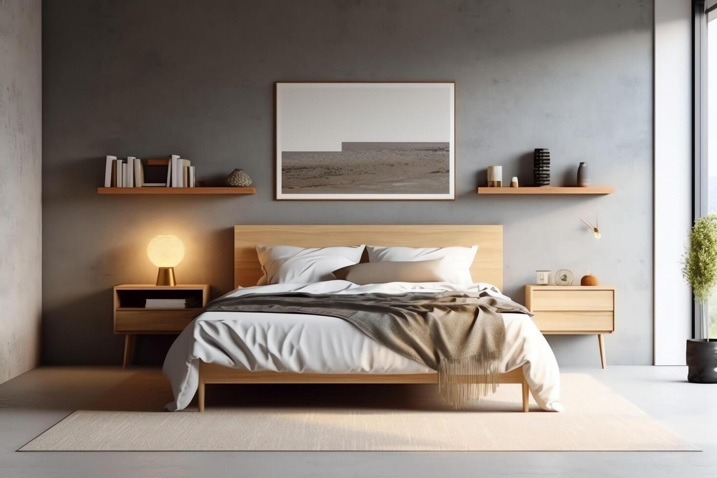Modern bedroom interior design in apartment or house with furniture. Luxury bedroom scandinavian concept by photo