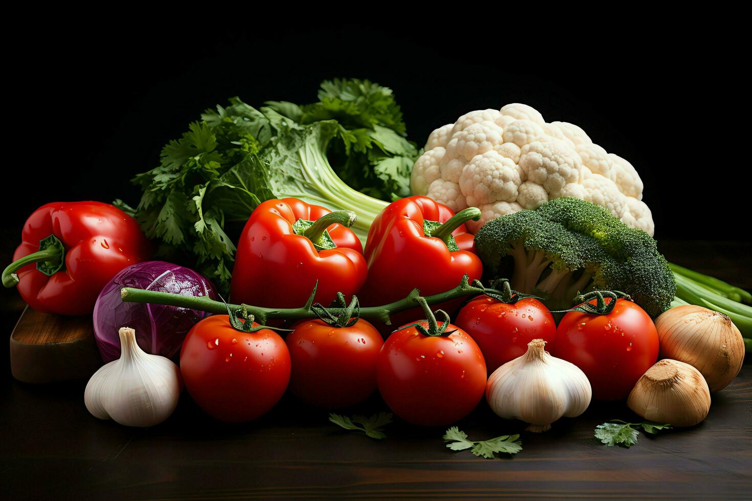 colección mezcla Fresco vegetales y frutas para un ensalada. sano dieta concepto y vegetales comida por ai generado foto