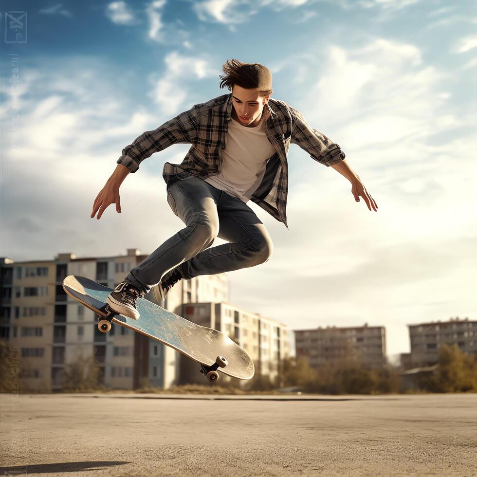 A caucasian man doing tricks or jumping on a skateboard at the street. Young man with skater jumping concept by photo