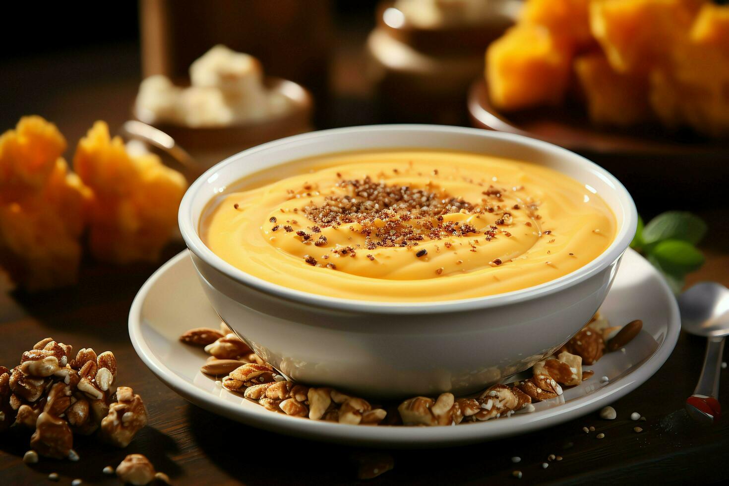 un delicioso calabaza sopa comida crema en un bol. invierno comida y alto sano sopa comida concepto por ai generado foto