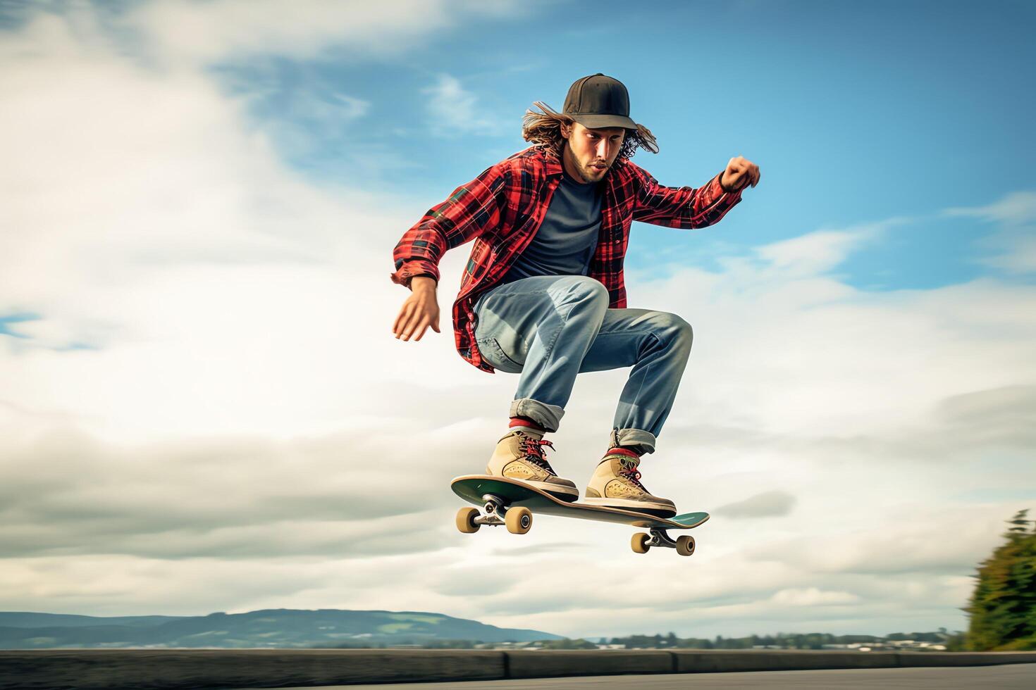A caucasian man doing tricks or jumping on a skateboard at the street. Young man with skater jumping concept by photo