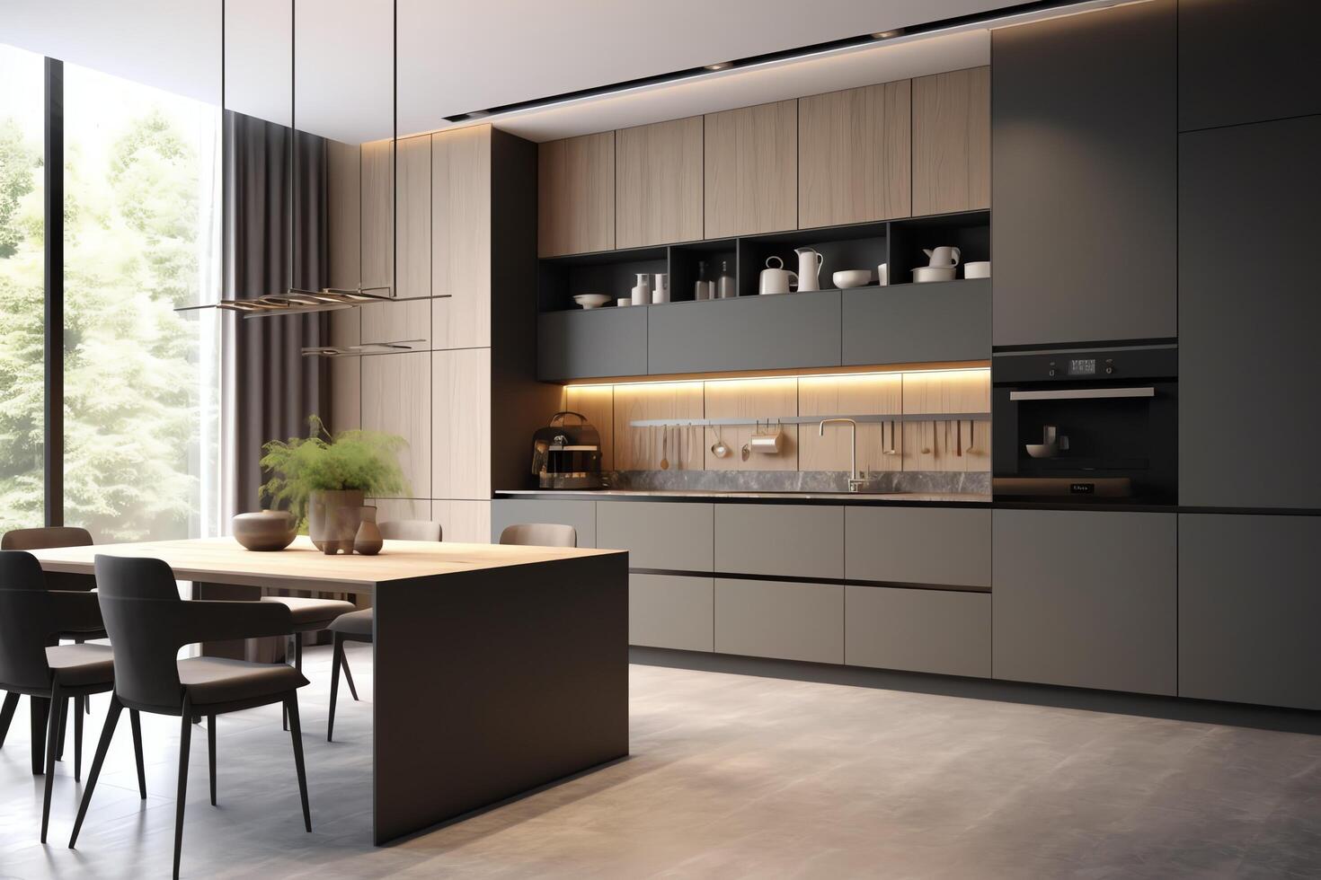 Modern kitchen interior design in apartment or house with furniture. Luxury kitchen home scandinavian concept by photo