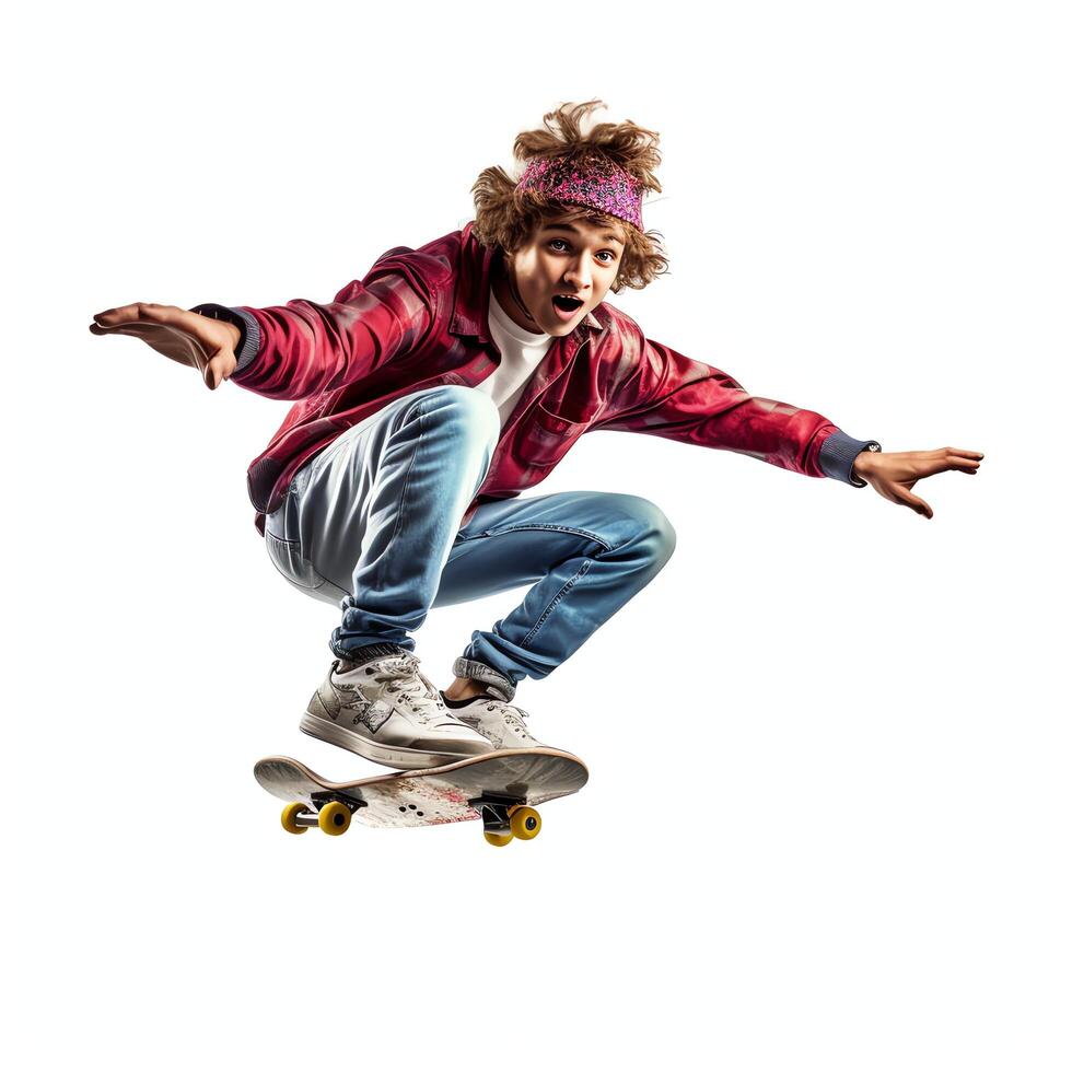 A caucasian man doing tricks or jumping on a skateboard at the street. Young man with skater jumping concept by AI Generated photo