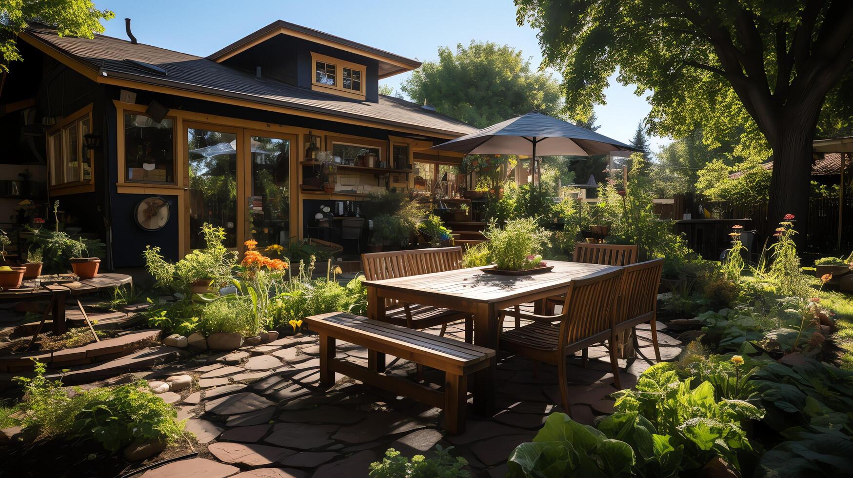 Wooden house in village with plants and flowers in backyard garden. Garden and flower on rural house concept by photo