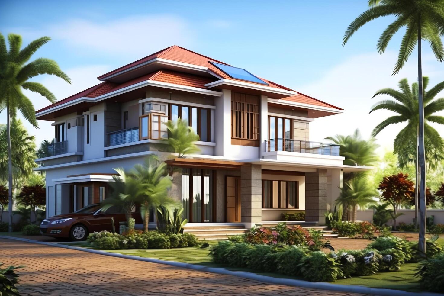 Beautiful modern house exterior with carport. Modern residential district and minimalist building concept by photo