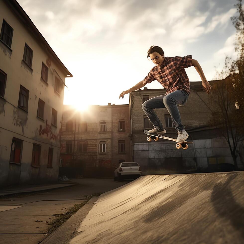 A caucasian man doing tricks or jumping on a skateboard at the street. Young man with skater jumping concept by AI Generated photo