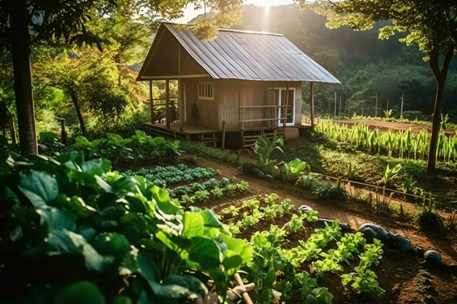 Wooden house in village with plants and flowers in backyard garden. Garden and flower on rural house concept by AI Generated photo