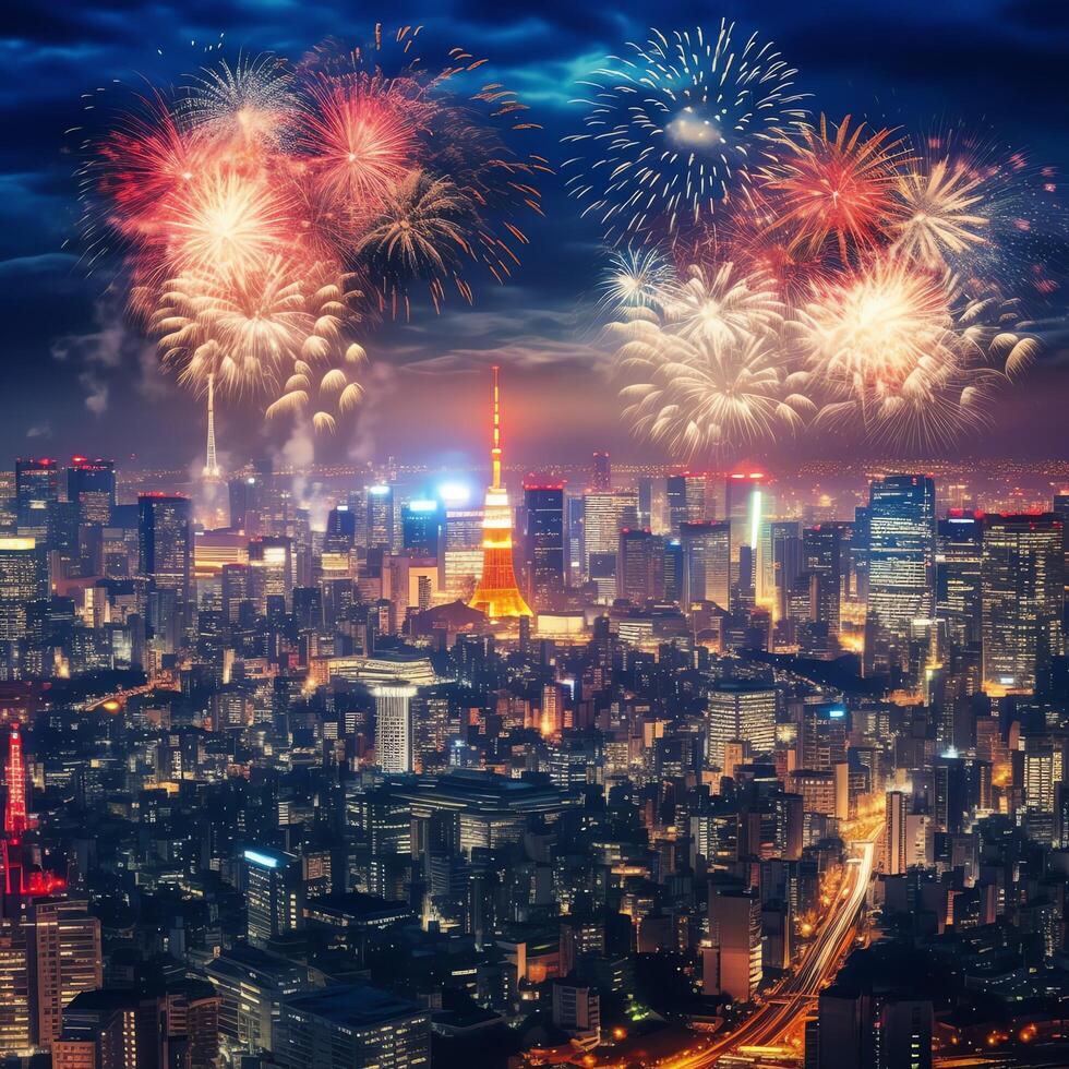 Beautiful firework show with cityscape at night for celebration happy new year. Firework display concept by AI Generated photo