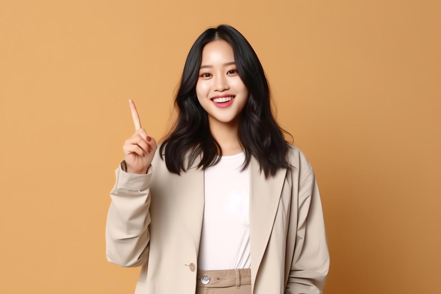 Beautiful asian woman in casual with smile cheerful. Studio shot asian woman standing hand gesture concept by photo