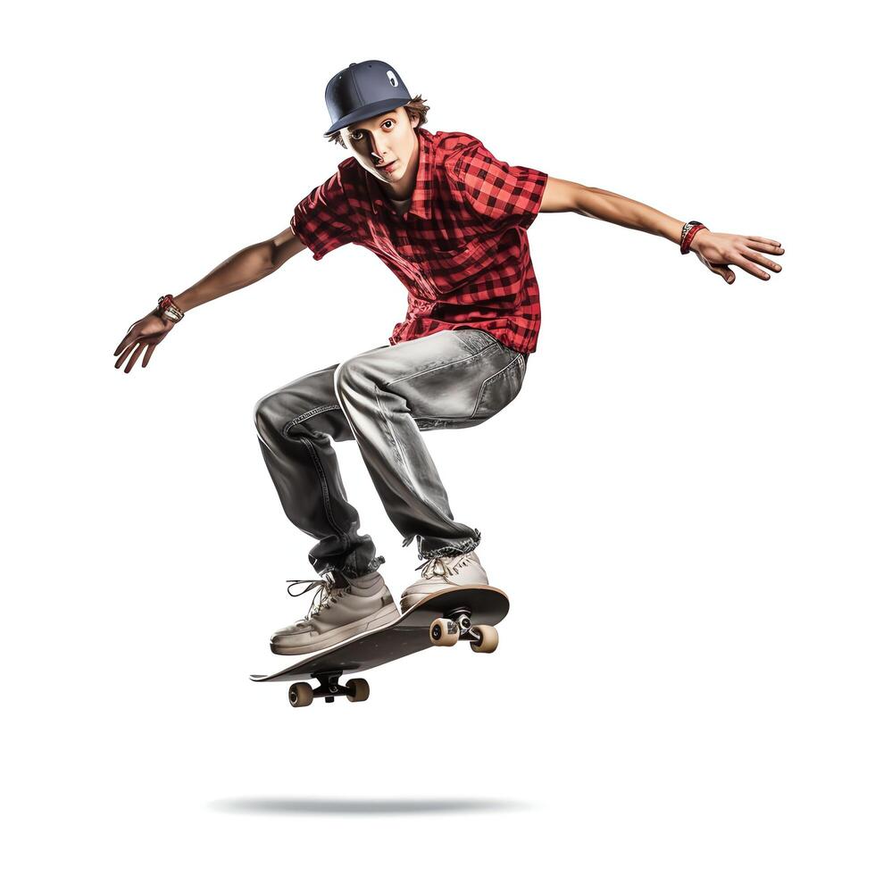 A caucasian man doing tricks or jumping on a skateboard at the street. Young man with skater jumping concept by photo