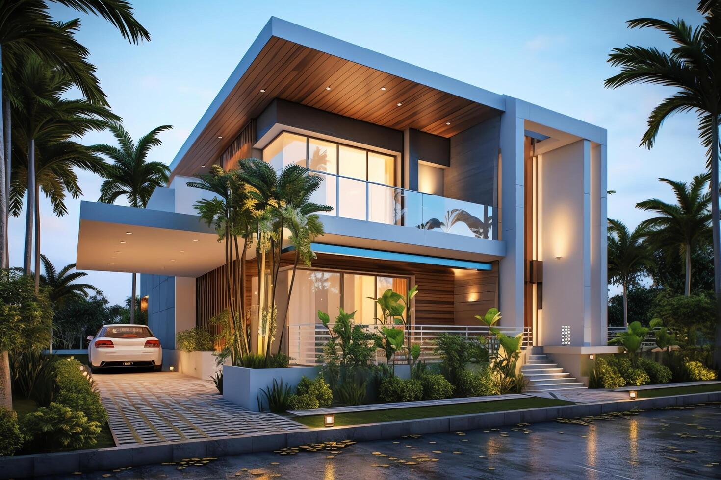 Beautiful modern house exterior with carport. Modern residential district and minimalist building concept by photo