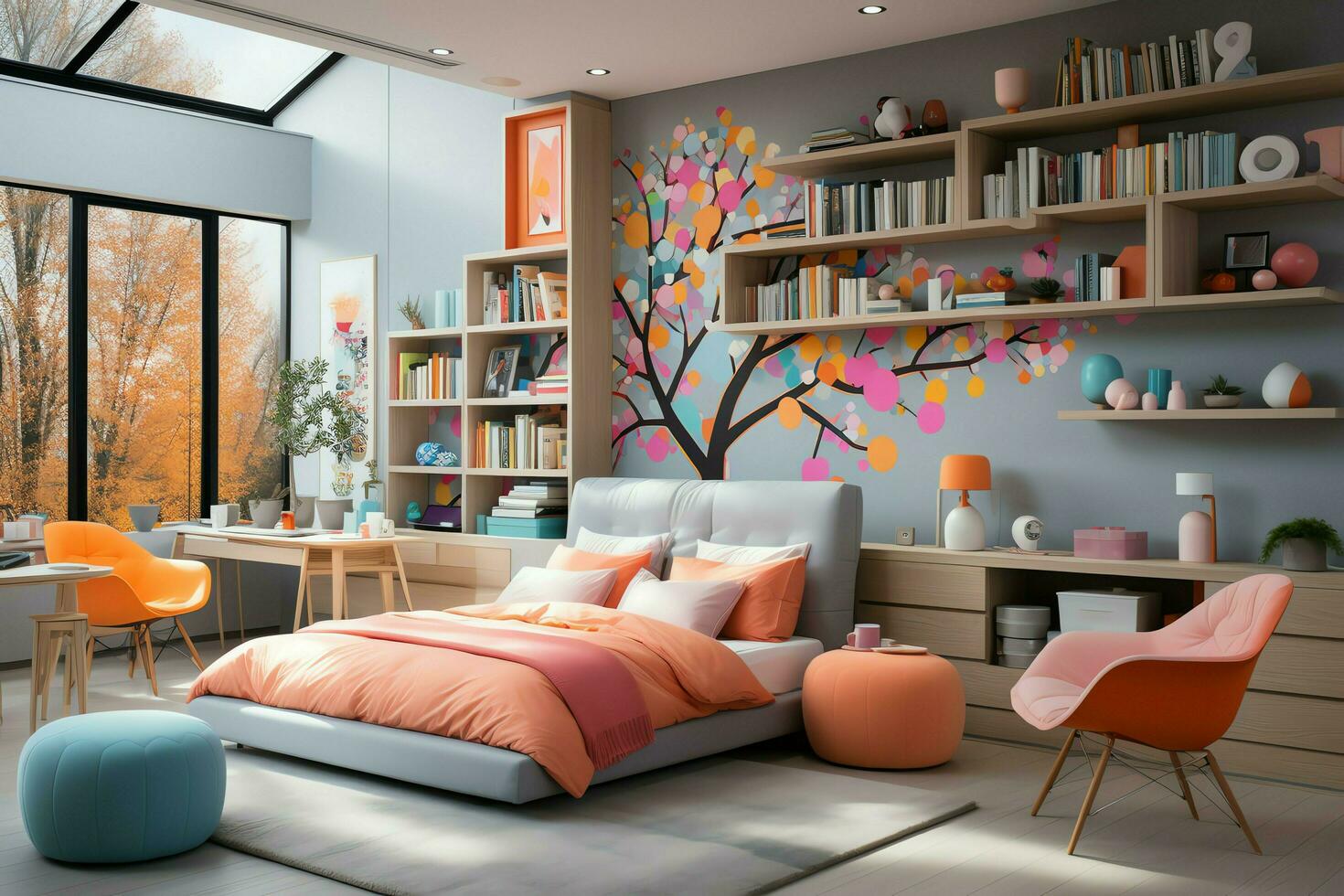 moderno niño dormitorio interior diseño en casa con decoración niños. vistoso niños dormitorio concepto por ai generado foto