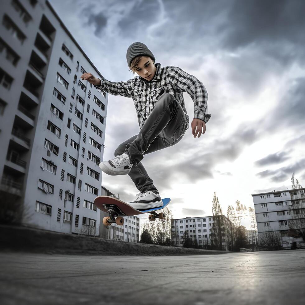 A caucasian man doing tricks or jumping on a skateboard at the street. Young man with skater jumping concept by photo