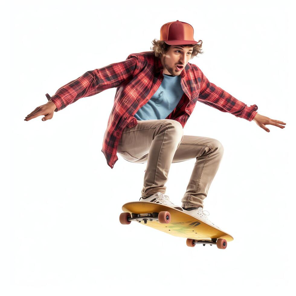 A caucasian man doing tricks or jumping on a skateboard at the street. Young man with skater jumping concept by photo