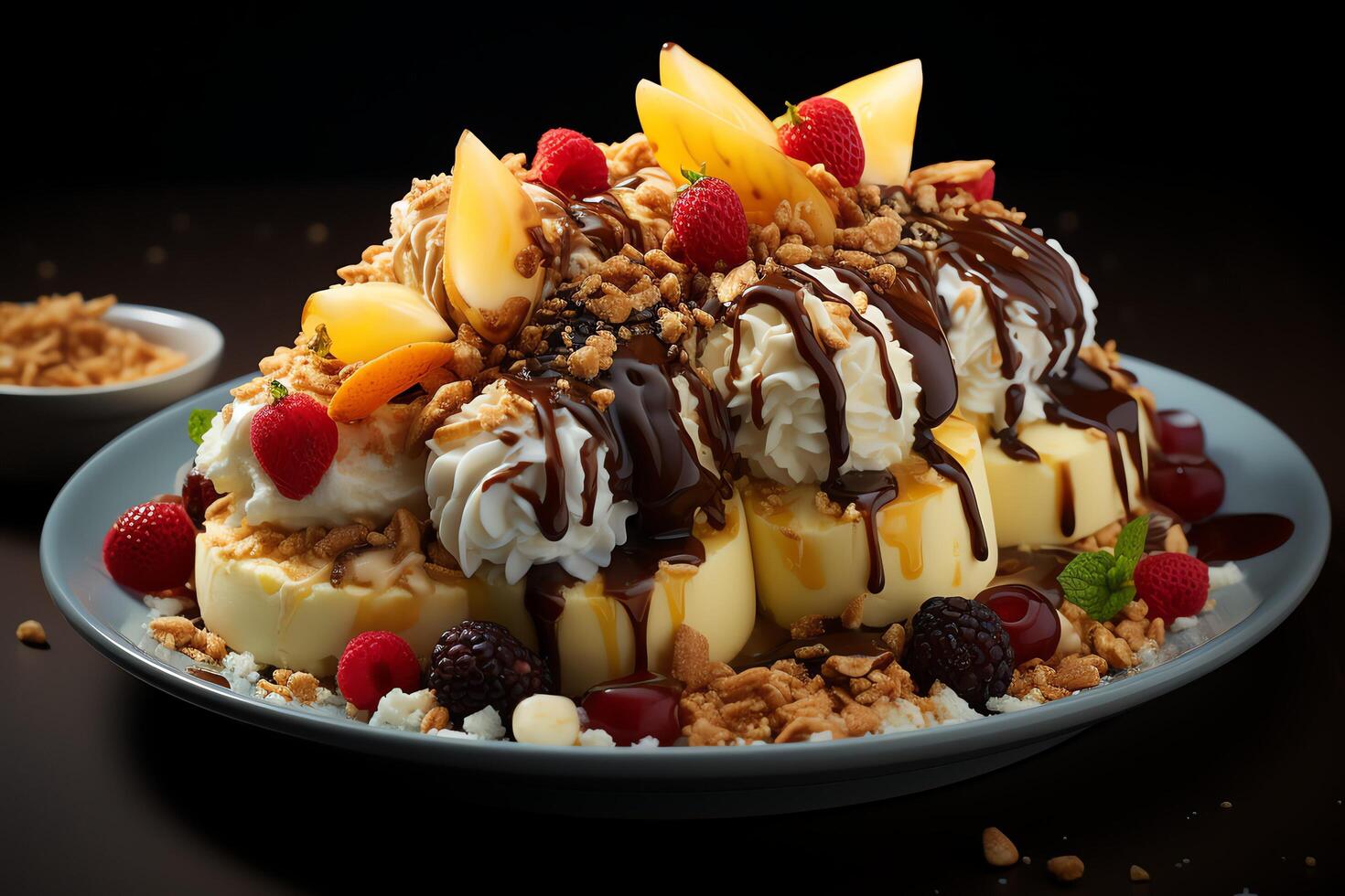 A delicious Banana split ice cream dessert with chocolate syrup. Banana split ice cream dessert by photo