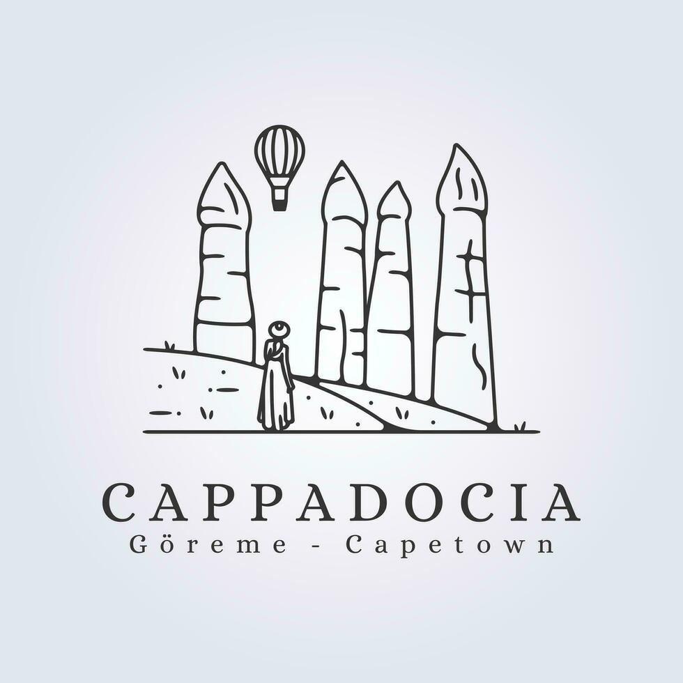 Capadocia goreme paisaje logo vector ilustración firmar símbolo icono antecedentes con mujer en marco diseño