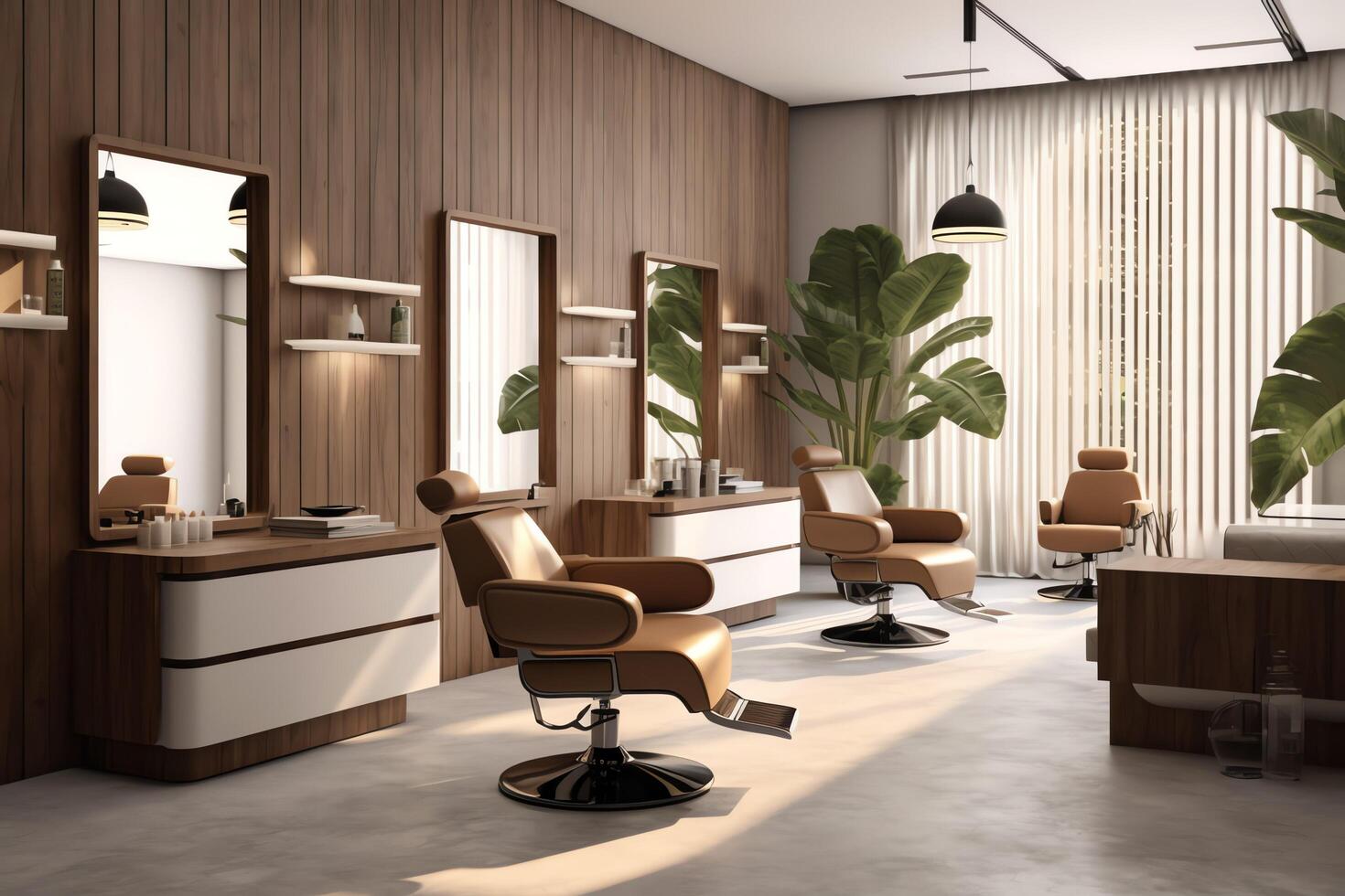 moderno barbería interior con espejos silla y otro equipo cerca ventanas sillas en barbería concepto por ai generado foto