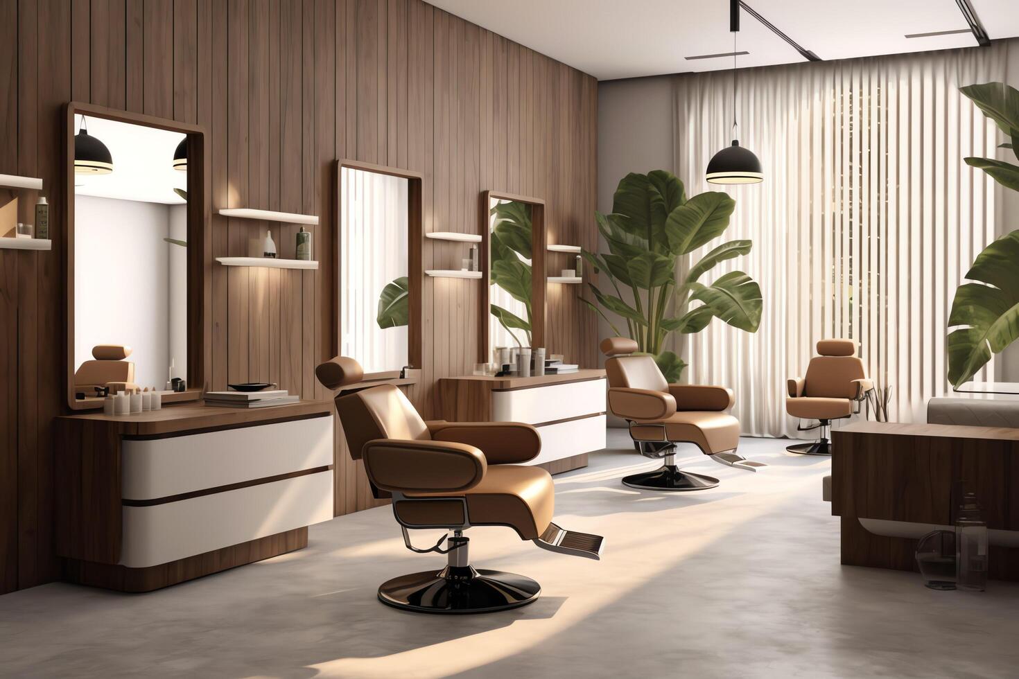 Modern barbershop interior with mirrors chair and other equipment near windows. Chairs in barbershop concept by AI Generated photo