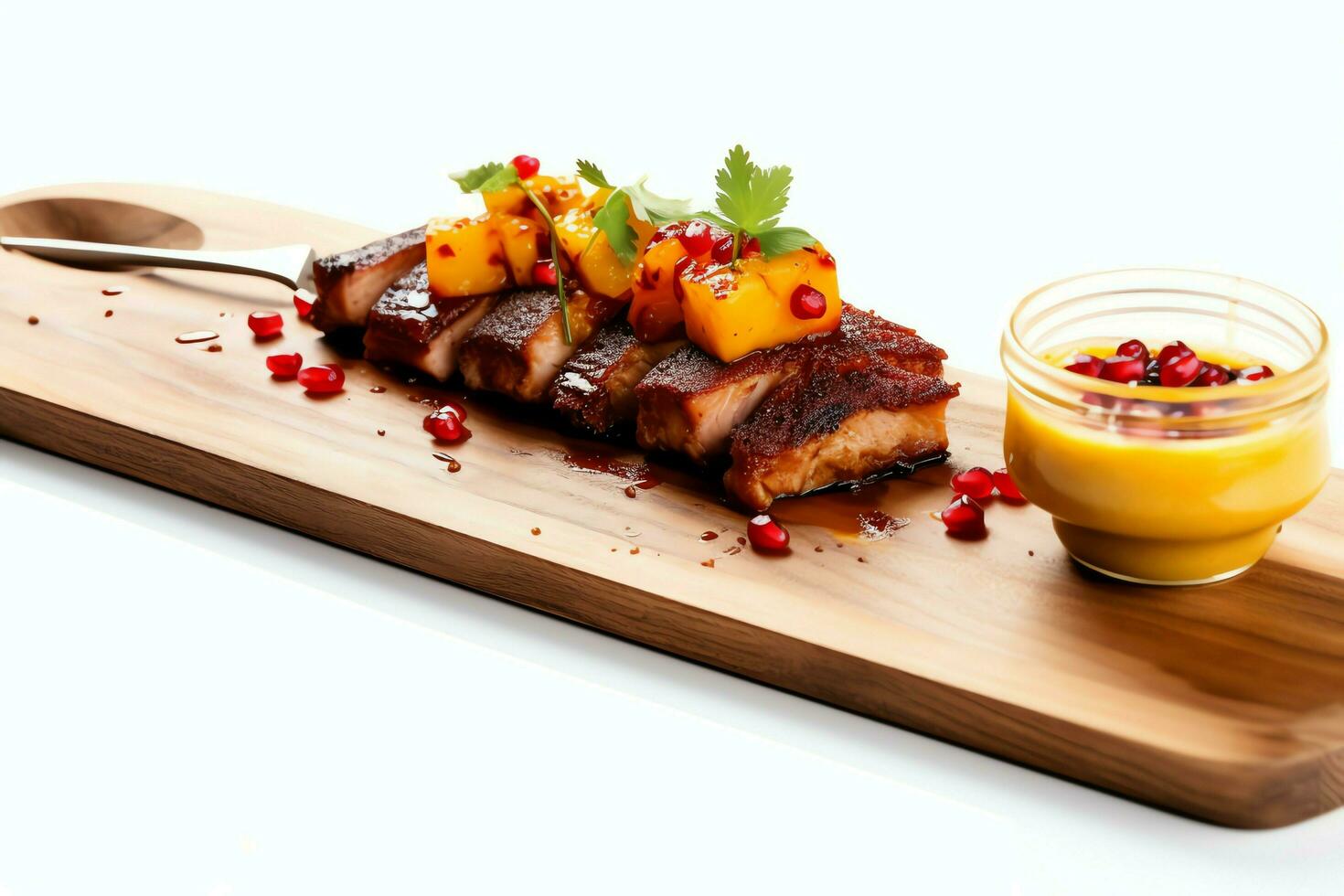 Pork belly braaivleis with mango and chili sauce served on a wooden plank. Restaurant food concept by AI Generated photo