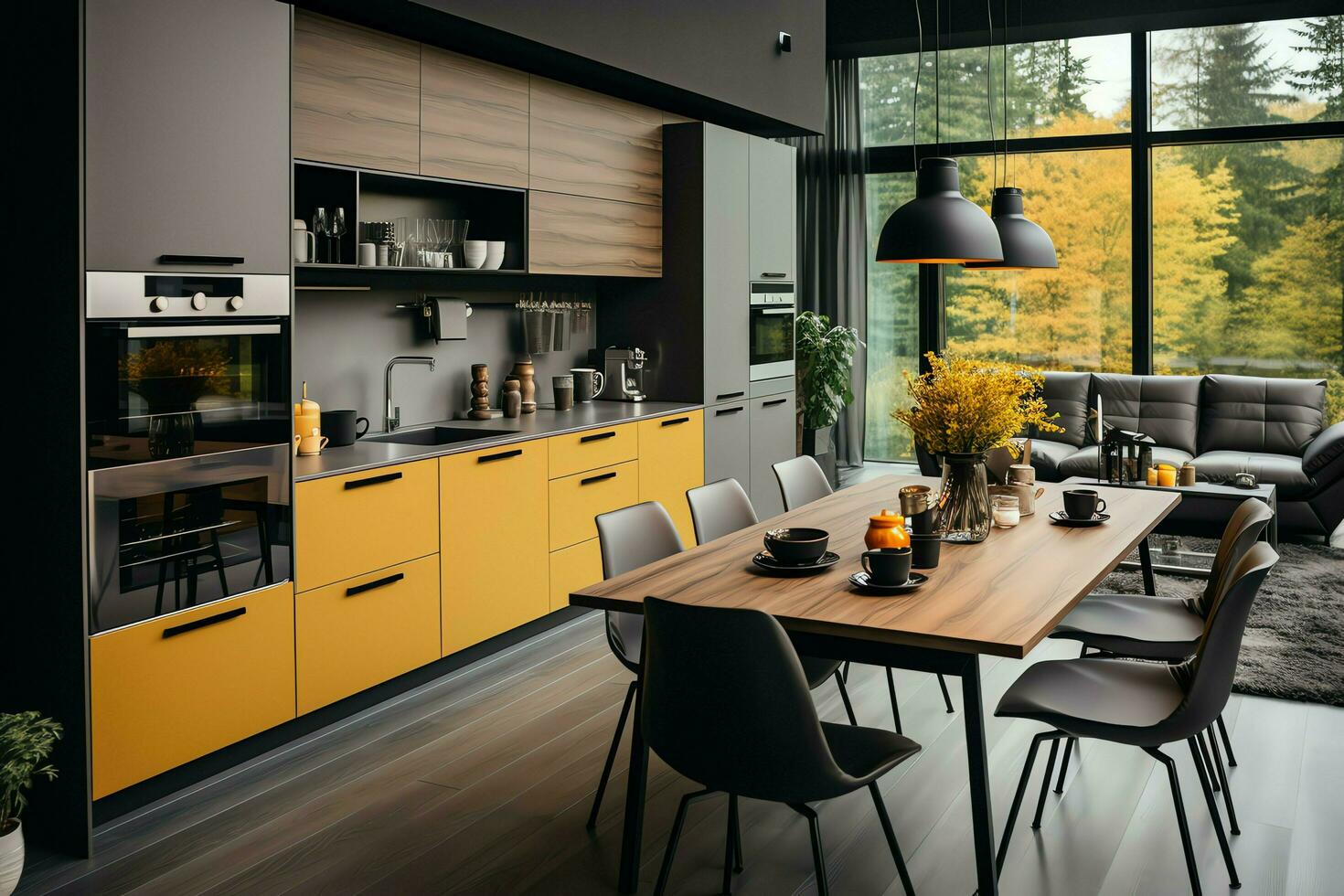 Modern kitchen interior design in apartment or house with furniture. Luxury kitchen home scandinavian concept by AI Generated photo