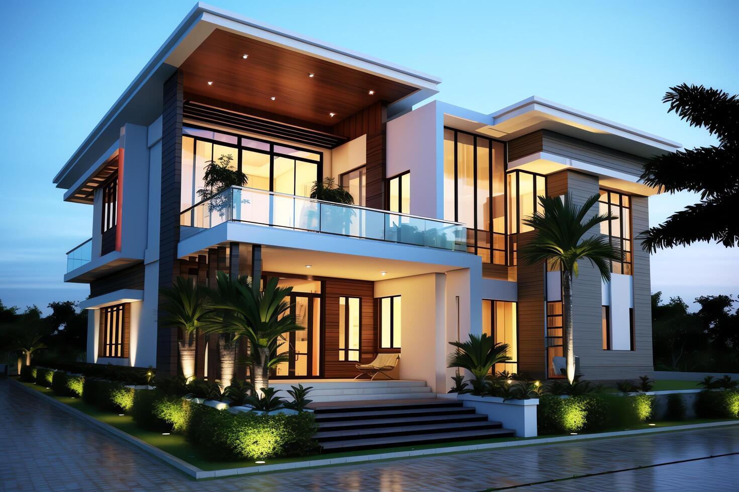 Beautiful modern house exterior with carport. Modern residential district and minimalist building concept by photo