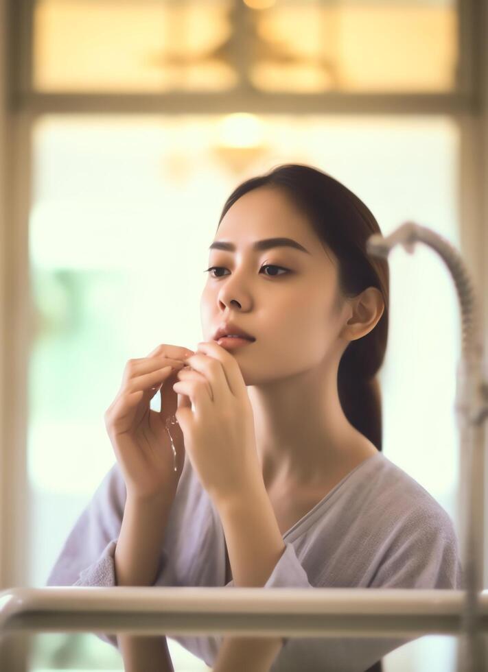 Attractive freshness asian woman clean face fresh water with care look to mirror in bathroom home concept by photo