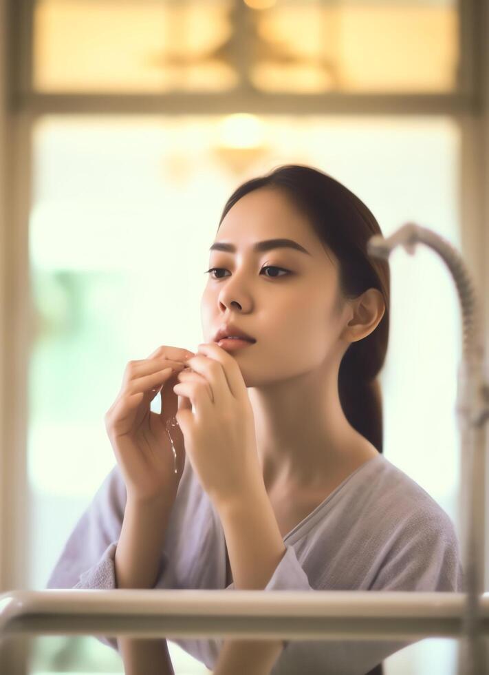 Attractive freshness asian woman clean face fresh water with care look to mirror in bathroom home concept by AI Generated photo