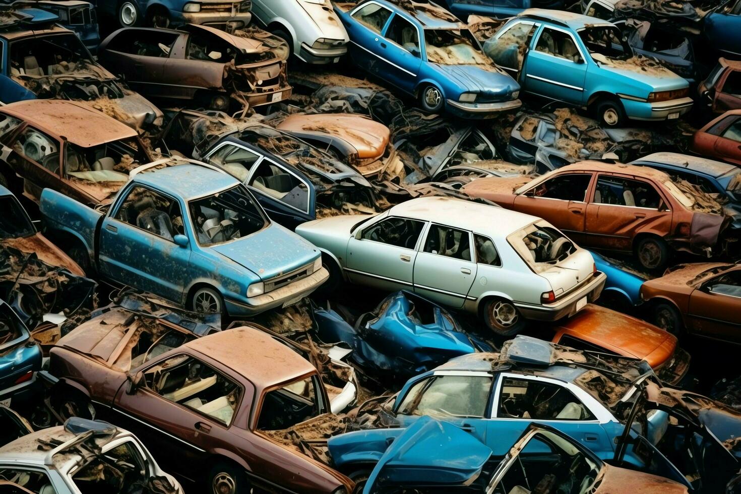 oxidando antiguo basura carros con ambiente contaminación en depósito de chatarra para reciclaje. abandonado coche residuos concepto por ai generado foto