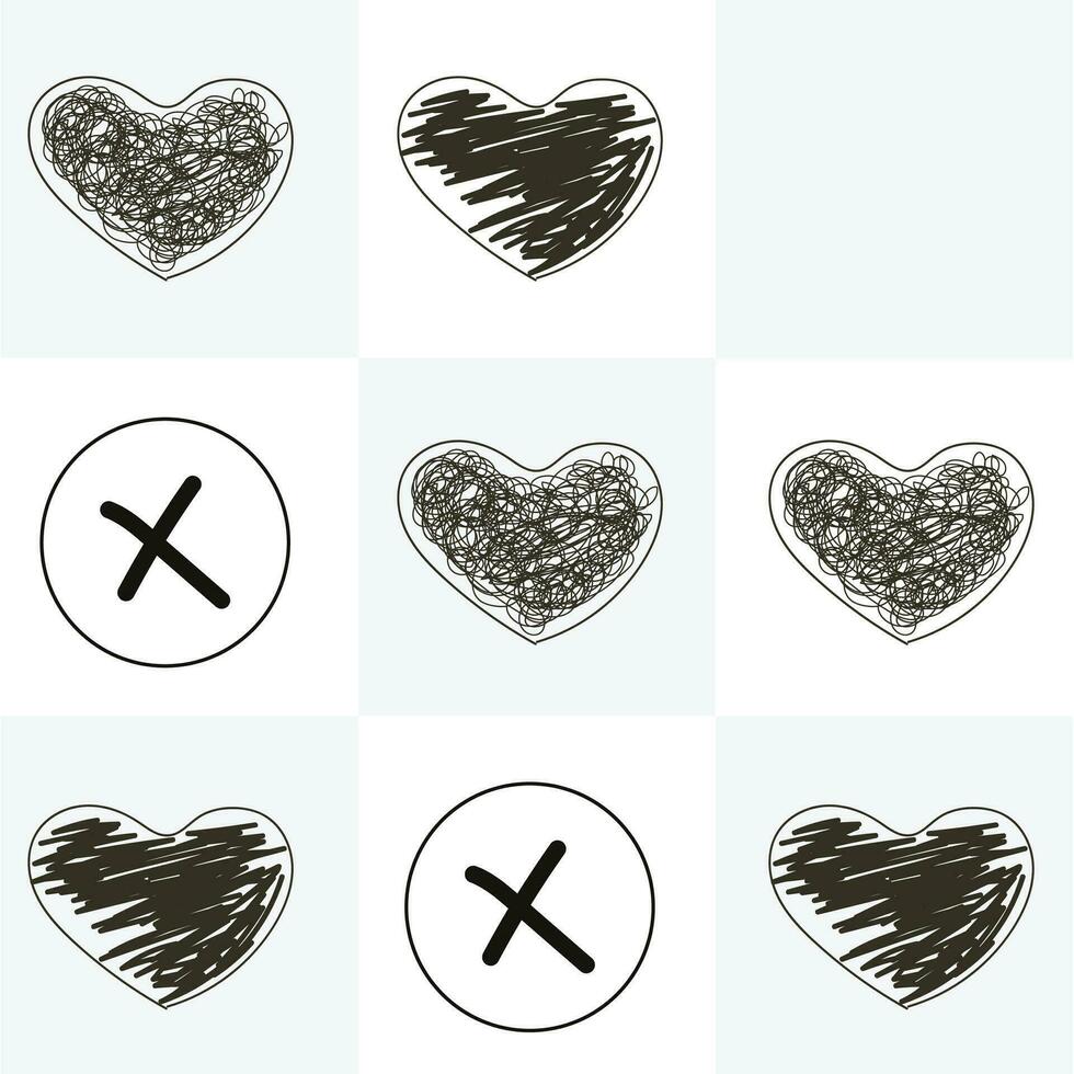 Valentine's Day concept. Hand Drawn Tic tac toe game with cross and heart background. Vector illustration