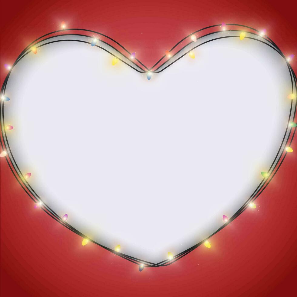 Valentine's Day greeting card with lights bulbs on a red background. Holiday glowing frame with space for text. vector
