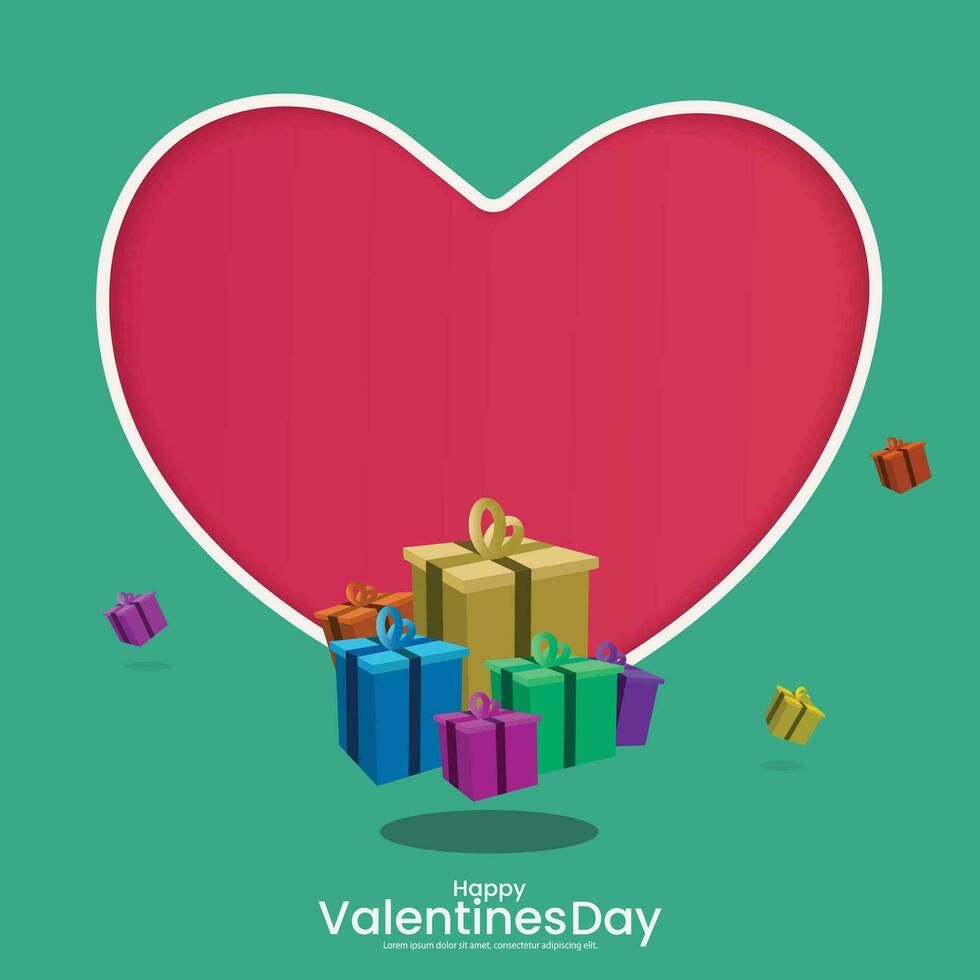 Valentine's Day Banner Greeting Card. Big Heart Shape and Gift Box in green background. vector