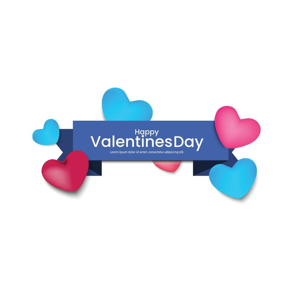 Valentine's Day text with colorful hearts on ribbon and white background. vector