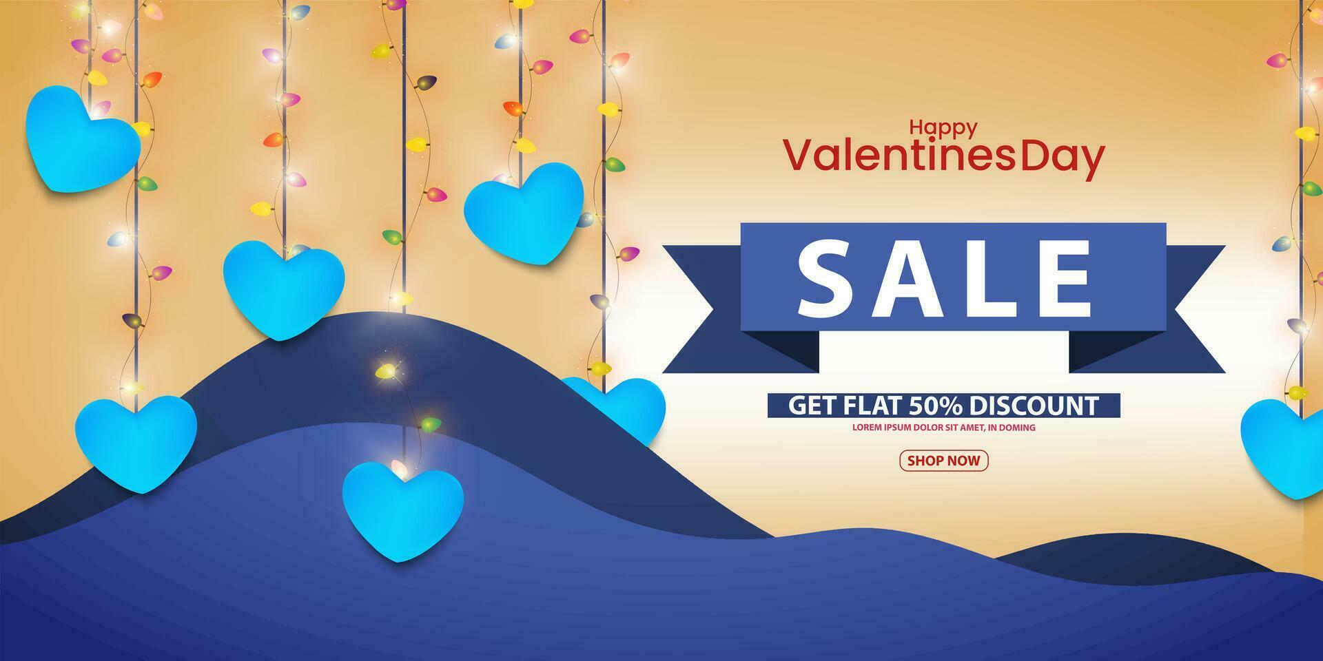 Promo Web Banner for Valentine's Day Sale. Valentine's Day Sale off Poster or banner background with heart and lights. Vector Illustration