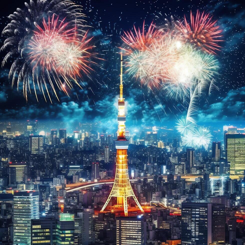 Beautiful firework show with cityscape at night for celebration happy new year. Firework display concept by AI Generated photo