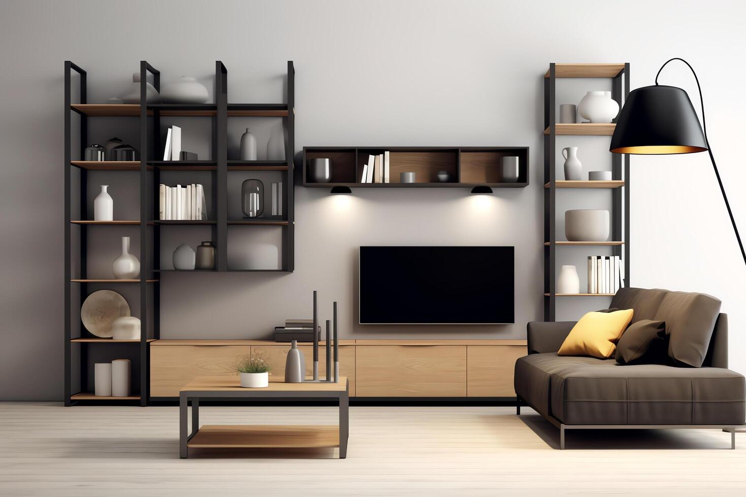 Modern apartment interior in living or bedroom design with working table, furniture, and bookshelf. Luxury home scandinavian concept by photo