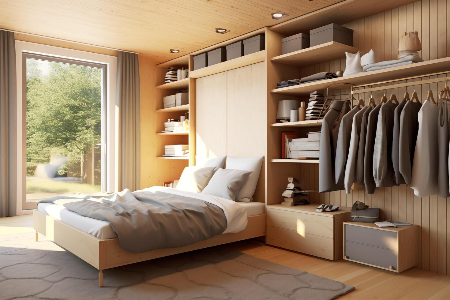 Modern bedroom interior design in apartment or house with furniture. Luxury bedroom scandinavian concept by photo