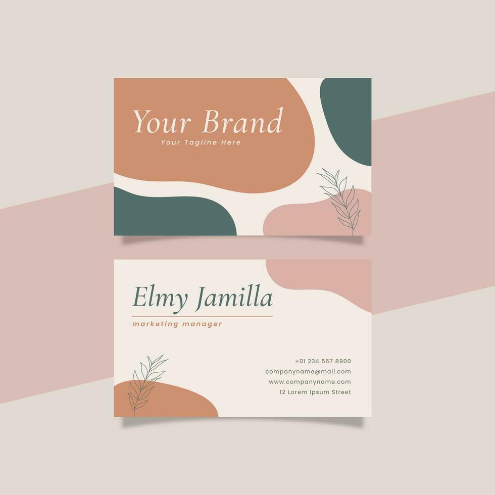 Printable Aesthetic Business Card Template Decorated with Blob and Floral Object Orange Pink Pastel Color Background vector