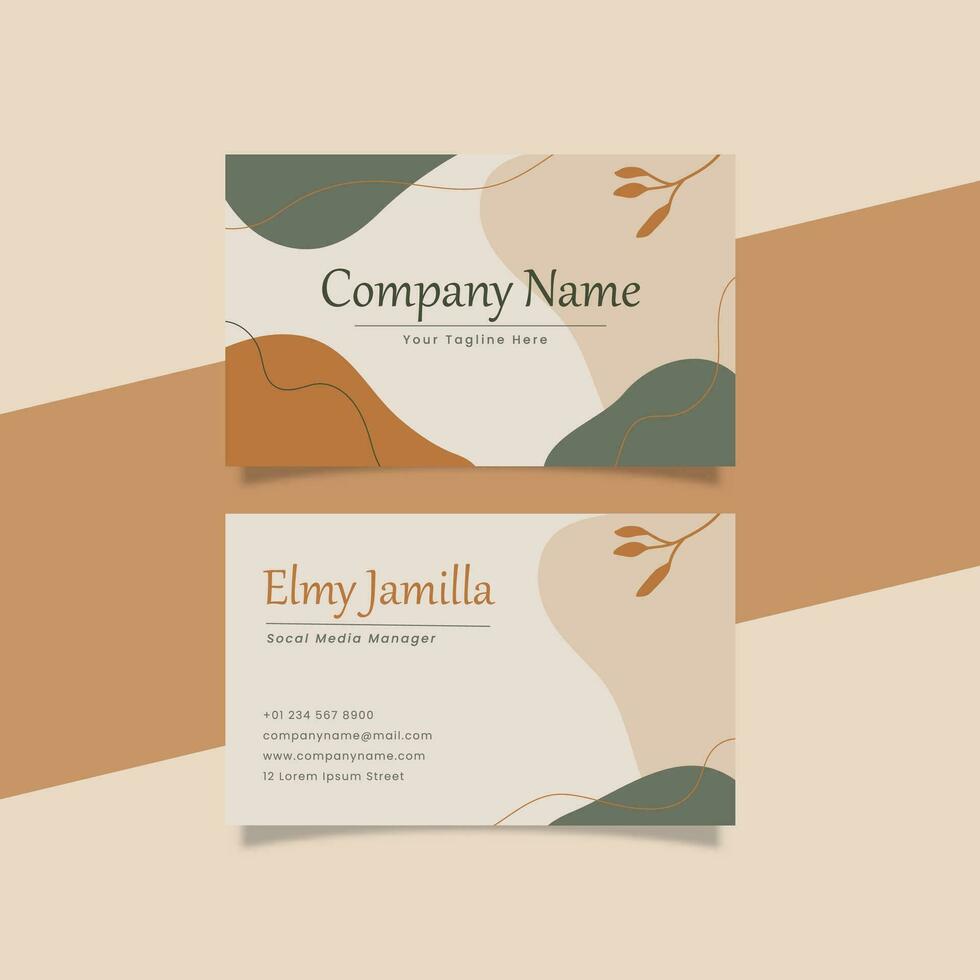 Printable Aesthetic Business Card Template Decorated with Orange Green Blob and Floral Object Background vector