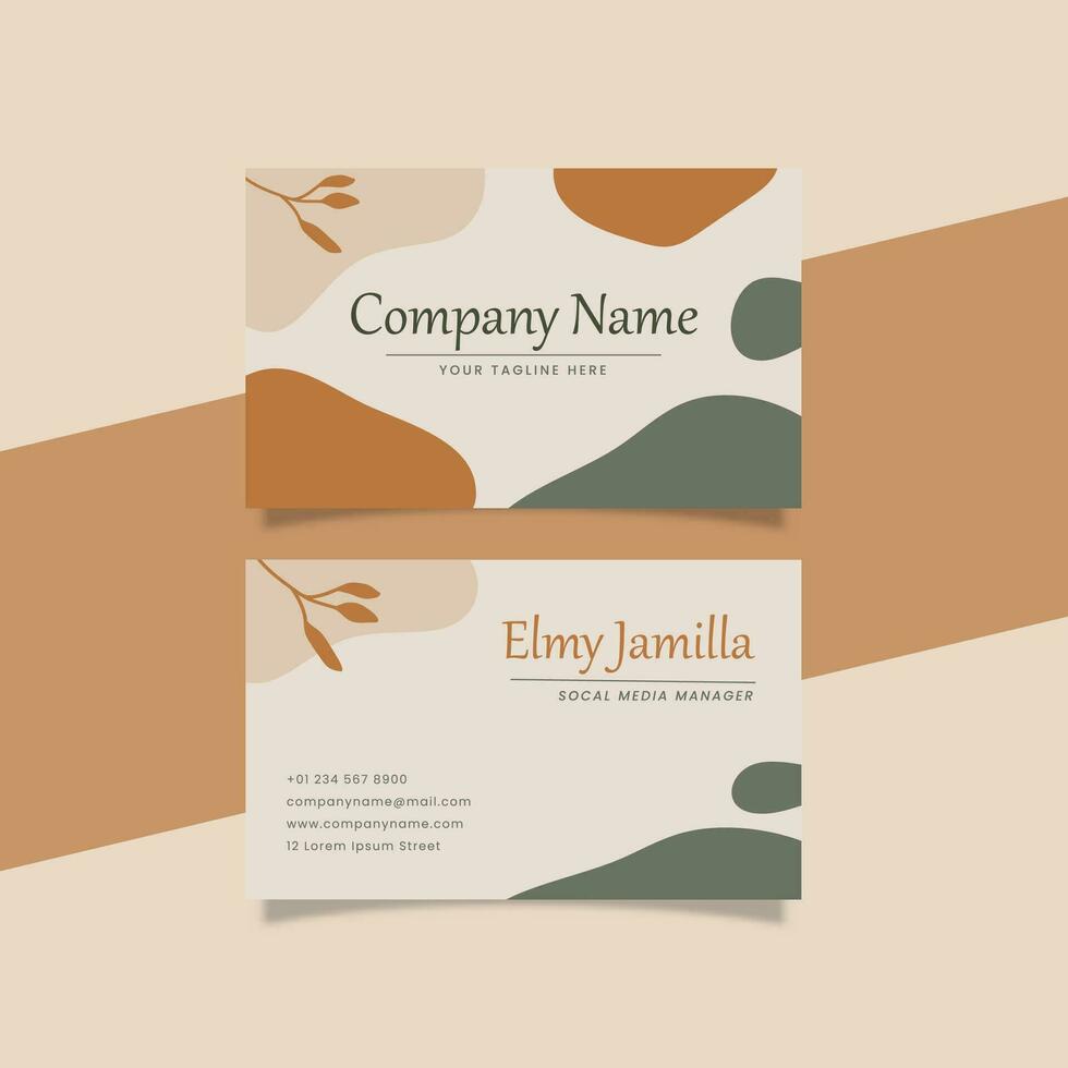 Printable Aesthetic Business Card Template Decorated with Orange Green Blob and Floral Object Background vector