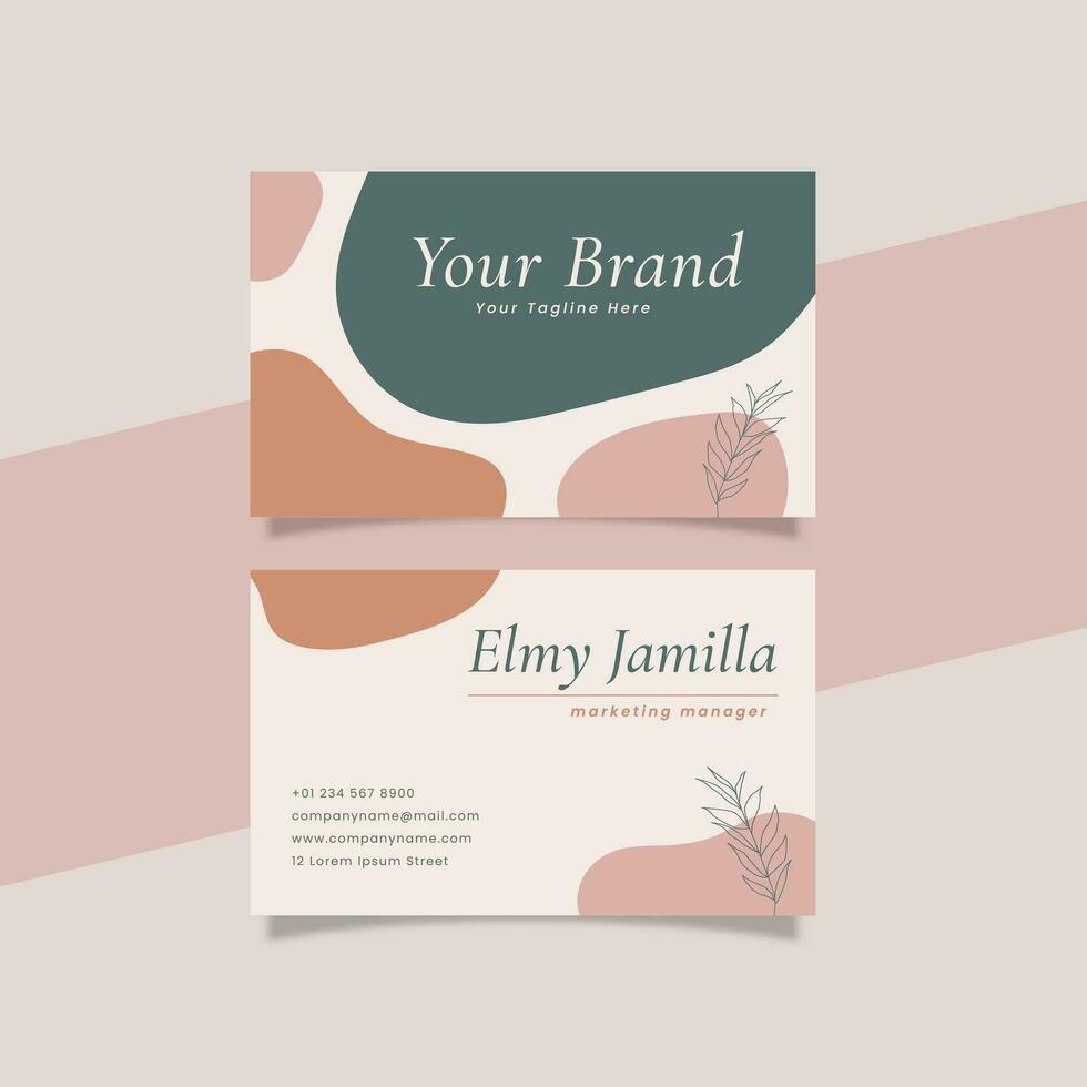 Printable Aesthetic Business Card Template Decorated with Blob and Floral Object Orange Pink Pastel Color Background vector