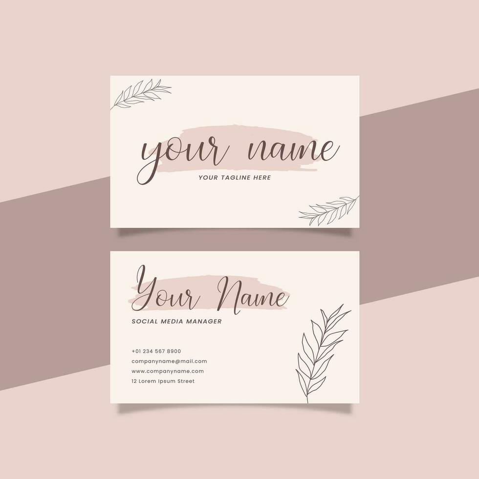 Printable Aesthetic Business Card Template Decorated with Pink Brush and Botanical Frame Background vector