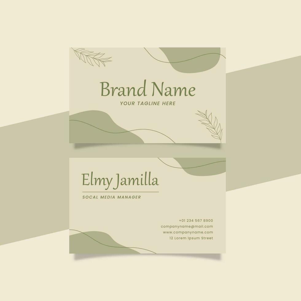 Printable Aesthetic Business Card Template Decorated with Botanical and Organic Object Green Pastel Color Background vector