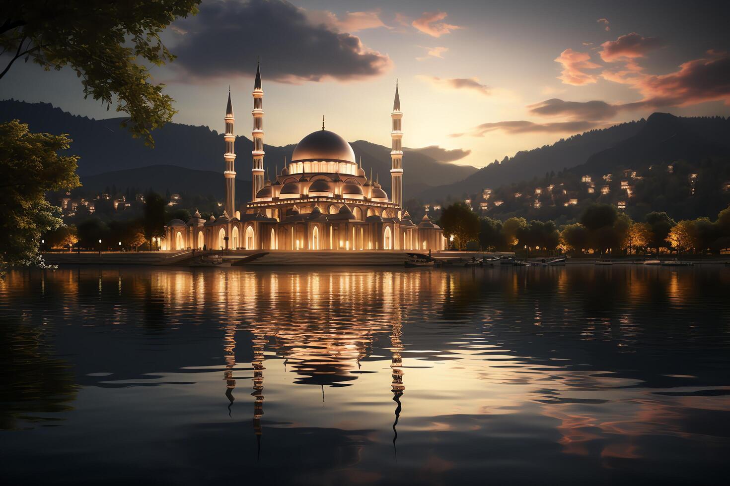 Awesome buildings of mosque in ramadan vibes. Ramadan kareem eid mubarak islamic mosque concept by AI Generated photo