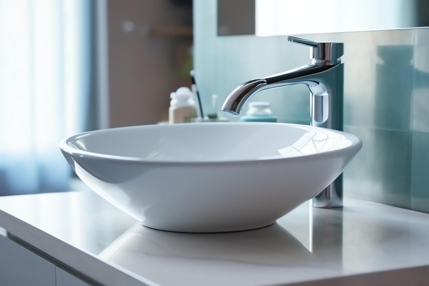 Modern public bathroom with row of white ceramic wash sink basins and faucet with mirror in restroom concept by photo
