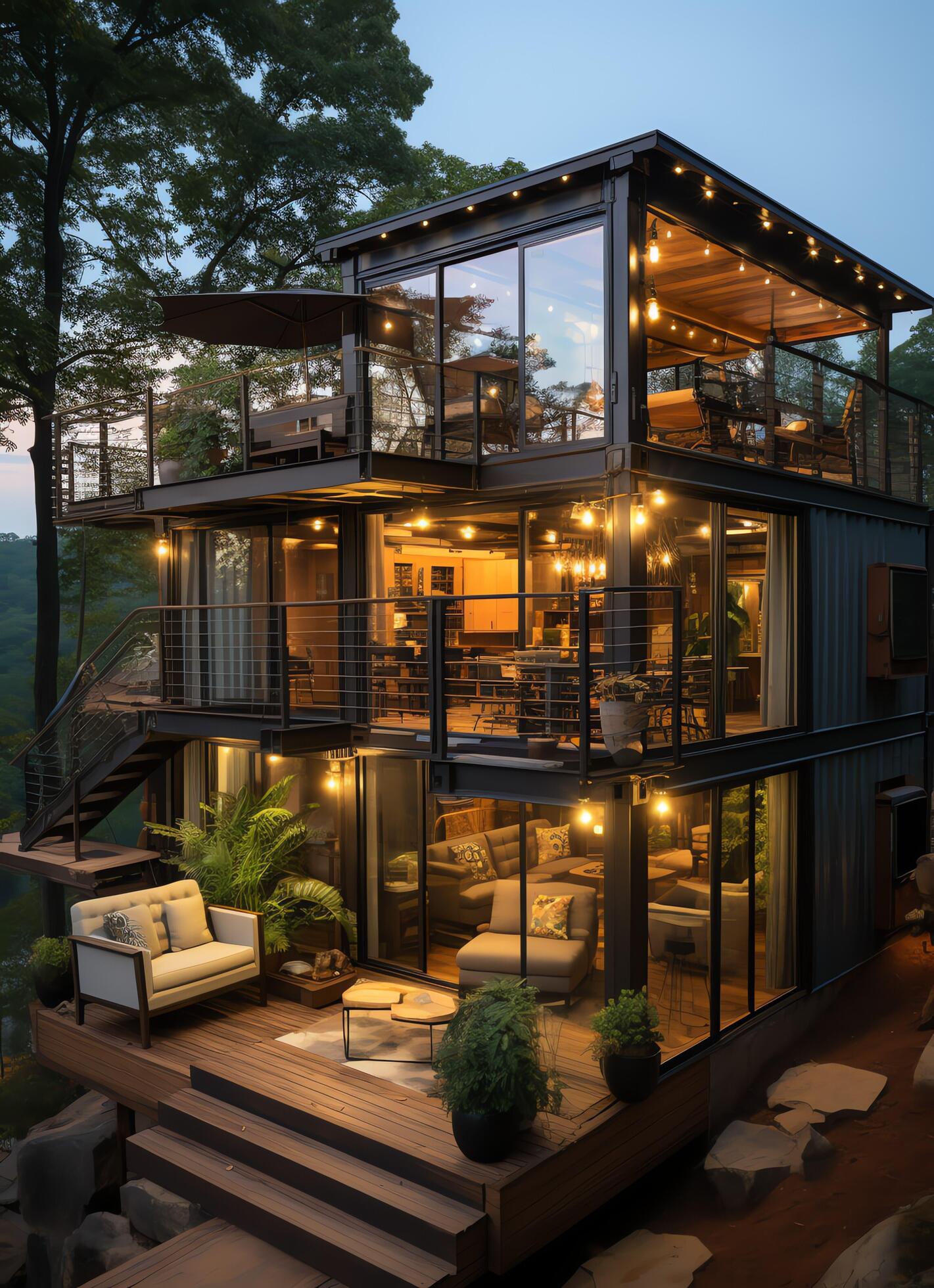 A container home building on a plot of land. 2 storey modern container house,  cafe or restaurant concept by AI Generated 26586354 Stock Photo at Vecteezy