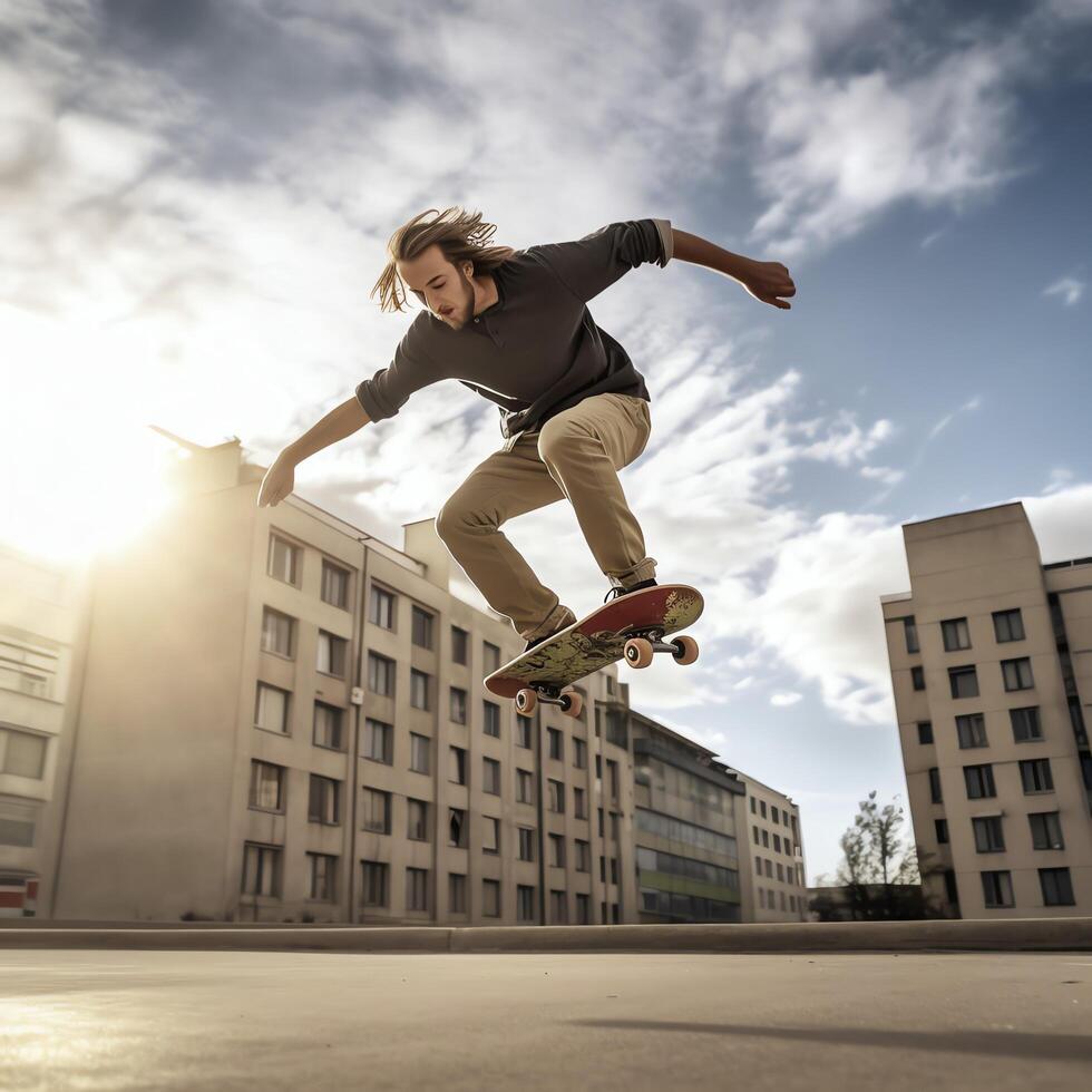 A caucasian man doing tricks or jumping on a skateboard at the street. Young man with skater jumping concept by AI Generated photo